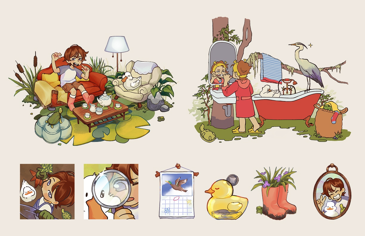 Main Illustration: Living Room couch in a pond with a kid, duck, and turtle