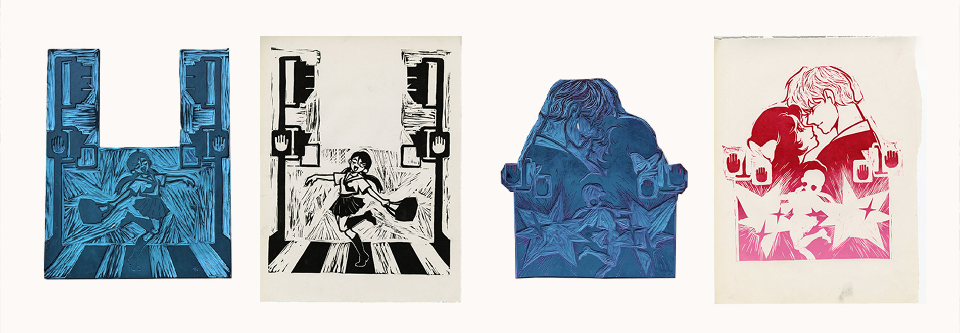 Hand-carved linocut print featuring shoujo manga and isekai themes.