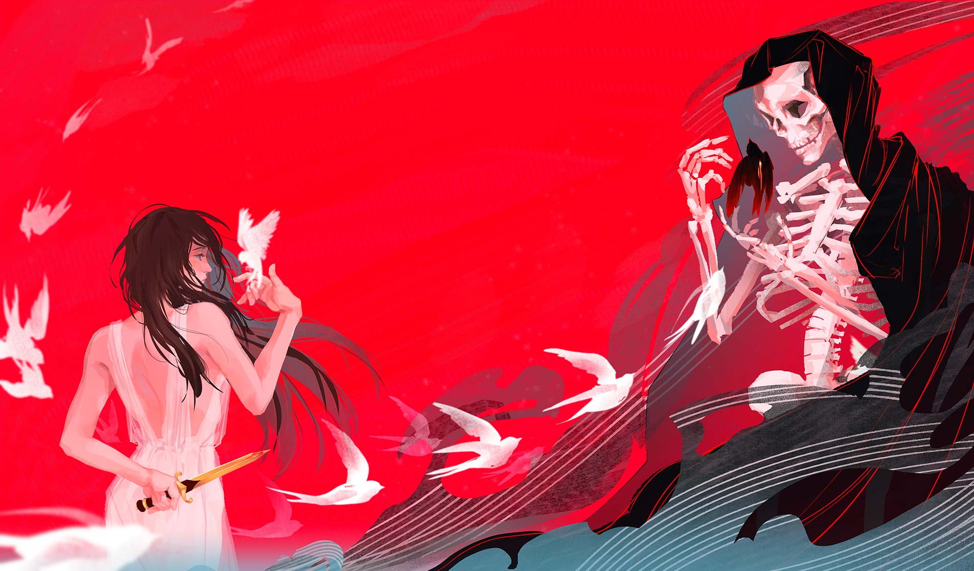 editorial illustration of the relationship between life and death personified