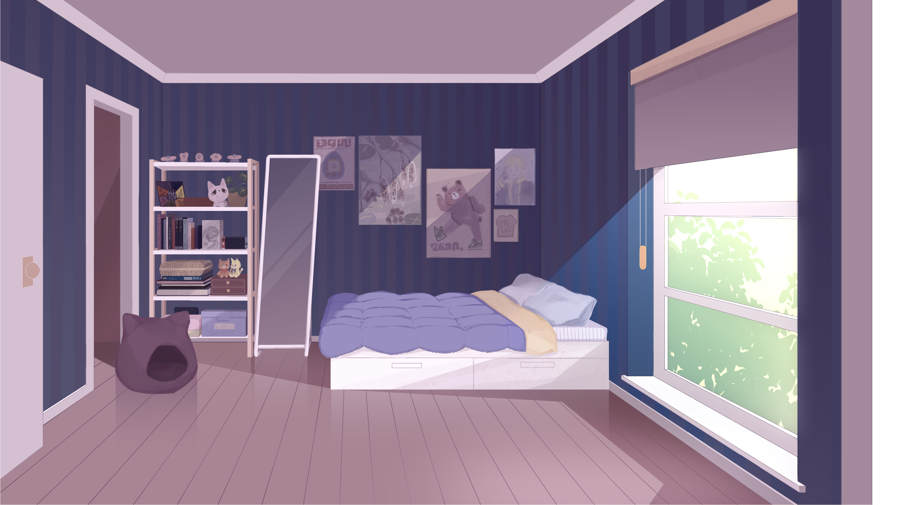 Bed room, greytoned background, tired room.