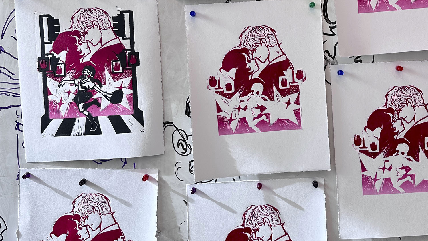 Hand-carved linocut print featuring shoujo manga and isekai themes.