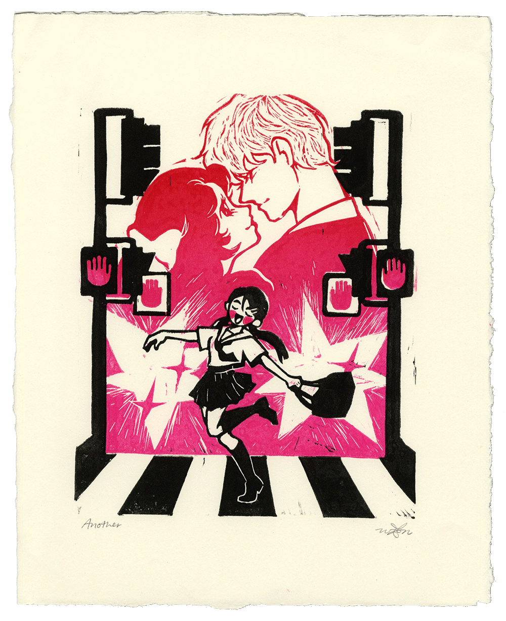 Collection of hand printed Linoprints being dried. Old school shoujo background with daydreaming girl foreground.