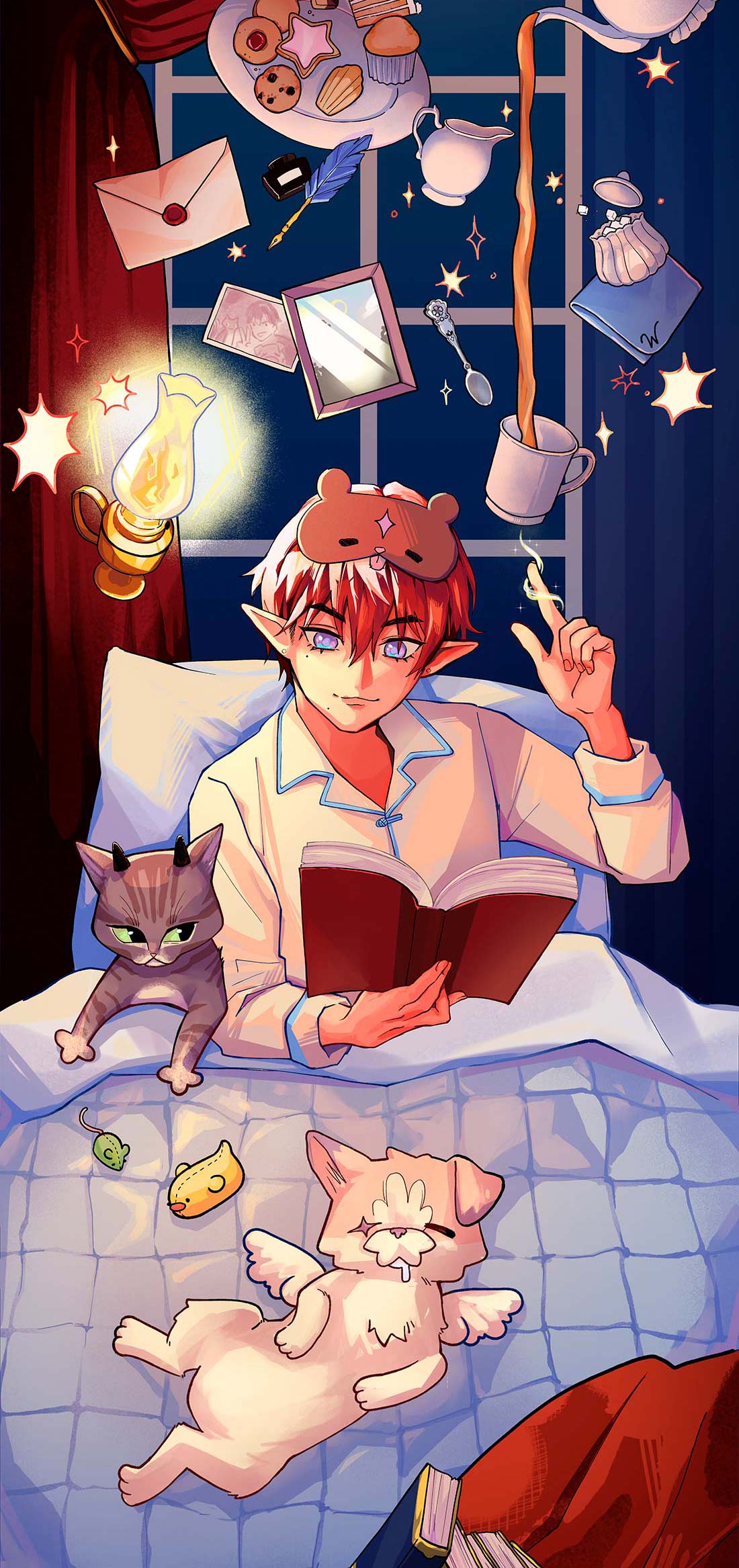 red head character, cat, and dog in bed reading with plates, letters, and tea floating around them.