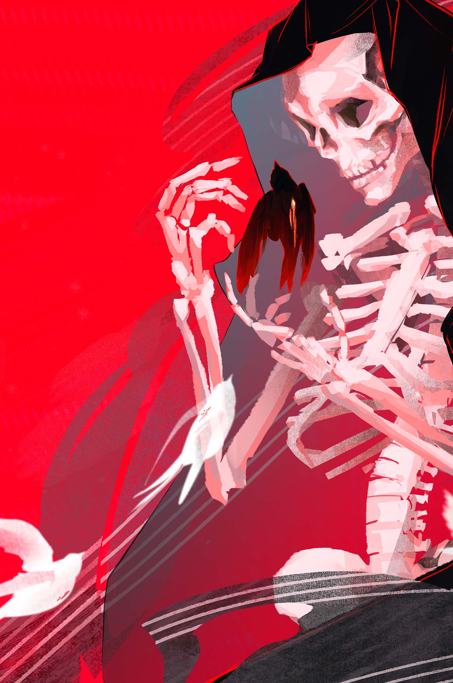 Cropped illustration of a skeleton of death holding a dying bird