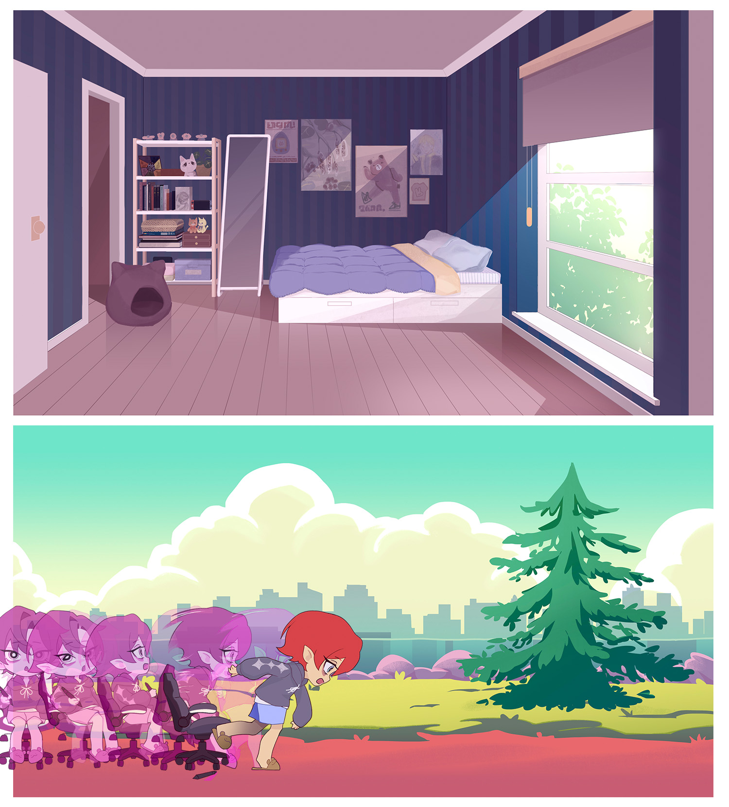 Animation backgrounds bedroom and outdoor park scenes