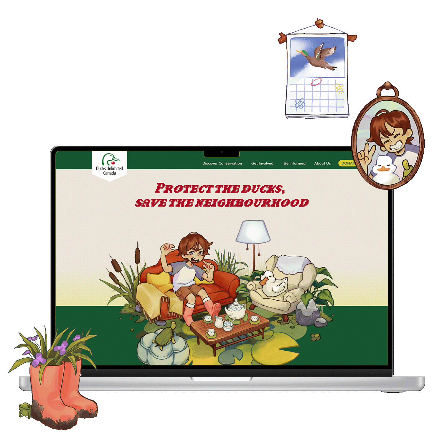 Laptop with website about ducks and nature conservation